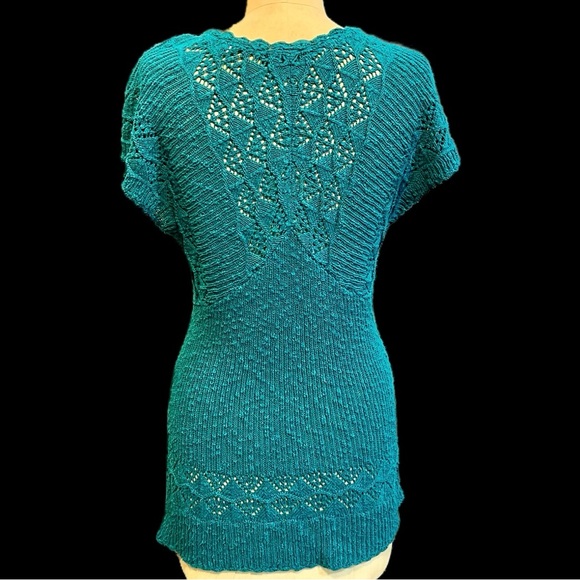 Jade teal open crochet knit sweater form fitted short sleeve tunic long length‎ - Picture 4 of 17